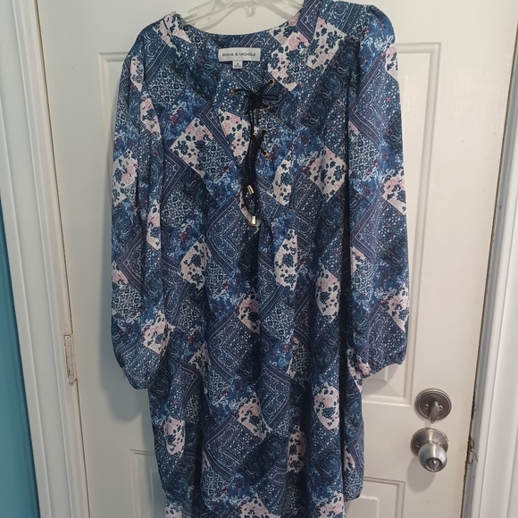Emma & Michele 1X Tunic Style Dress Blue/Cream/Pink Pattern Lace Up Bust - Picture 7 of 12